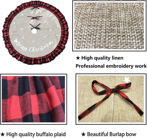 AISENO 48 Inch Christmas Tree Skirt Linen Burlap Buffalo Plaid Edge Decoration for Merry Christmas Party Red and Black Buffalo Christmas Tree Skir...