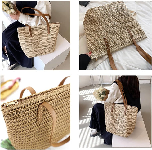 Large Straw Beach Bag for Womens, Straw Handbag Woven Tote Bag With Zipper Summer Straw Shoulder Bag...