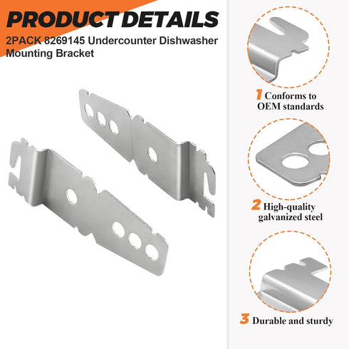 2 Pack 8269145 Undercounter Dishwasher Mounting Bracket with Screws by Beaquicy - Compatible Whirl-pool Ken-more Kitchen-Aid Dishwasher - Replace 8269145 WP8269145 WP8269145VP