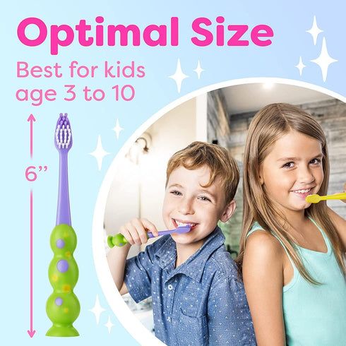 Kids Toothbrush 6 Pack - Soft Contoured Bristles - Child Sized Brush Heads (3-10 Year Old) - Suction Cup for Fun & Easy Storage - Girl & Boy Set (...