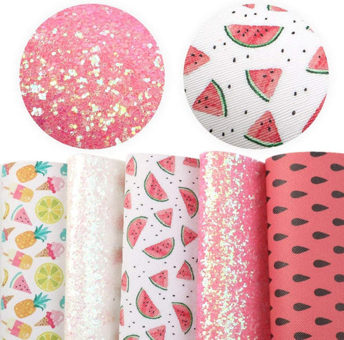 Summer Fruits Faux Leather Sheet Glitter Synthetic Leather Fabric Assorted 5 Pcs 7.7" x 12.9" (20 cm x 33 cm) for Hair Bows Headbands Making...