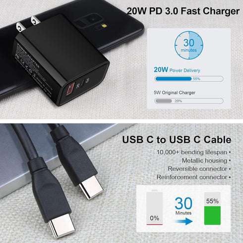 USB C Fast Charger, 20W Type C Charger Fast Charger Block with 6FT USB C to C Charging Cable for Samsung Galaxy S24 S23 S22 S21 FE S20 Ultra A15 5...