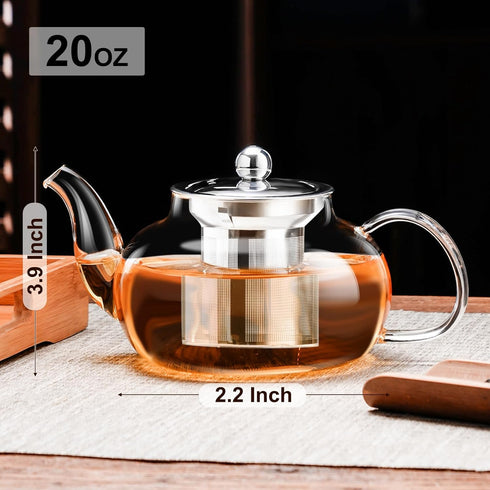 PARACITY Glass Teapot Stovetop 20 OZ/600ml, Tea pot with Removable 18/8 Stainless Steel Infuser, Borosilicate Clear Tea Kettle, Teapot Blooming an...