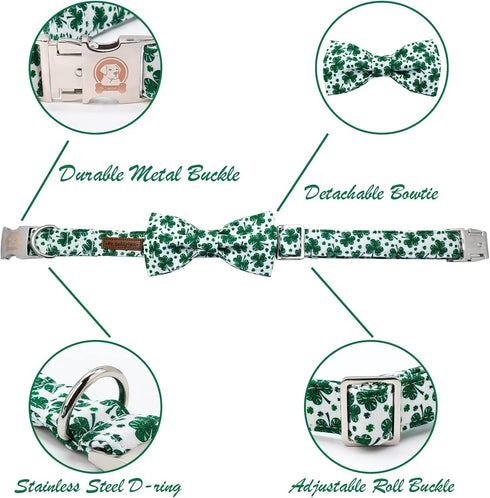 MR. CHUBBYFACE St.Patrick's Day Dog Collar Green Clovers Adjustable Dog Collar Bow Tie for Small Medium Large Dogs...