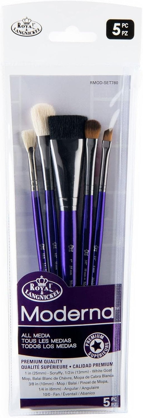 Royal & Langnickel Moderna, 5pc Scruffy Variety Brush Set for All Painting Mediums, Includes - Scruffy, Mop, Angular & Fan Brushes Purple...
