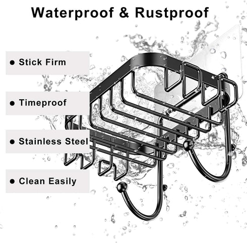 ODesign Soap Dish Holder with 6 Hooks Loofah Bath Sponge Towel Razor Holder for Bathroom Shower Kitchen Adhesive Wall Mounted No Drilling-Black-1 ...