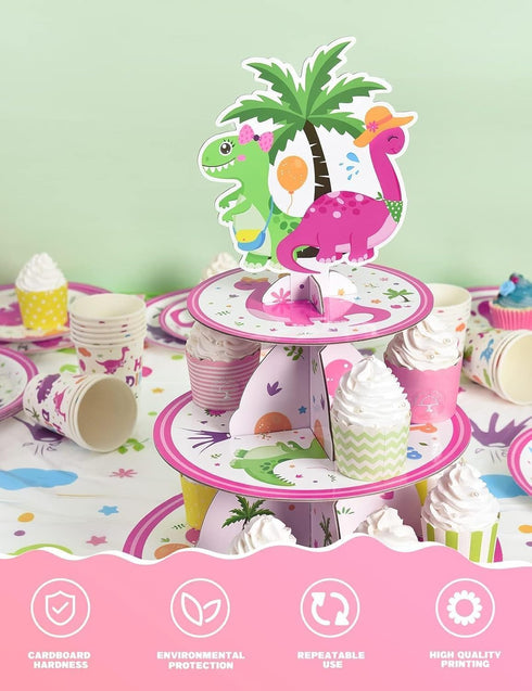 WERNNSAI Dinosaur Cupcake Stand - 3-Tier Pink Dinosaur Birthday Party Decorations for Girls Cardboard Dino Cupcake Holder Dessert Tower Round Serv...