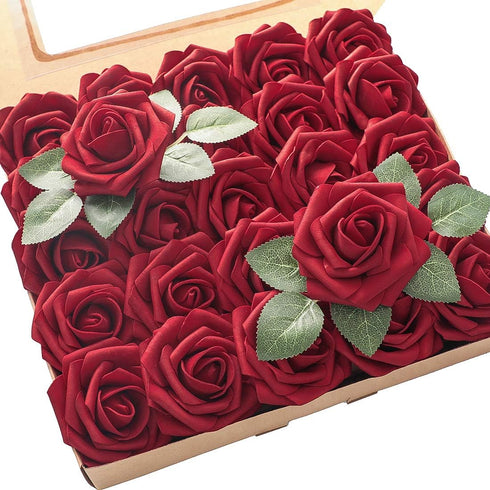 Floroom Artificial Flowers 25pcs Real Looking Dark Red Foam Fake Roses with Stems for DIY Wedding Bouquets Bridal Shower Centerpieces Party Decora...