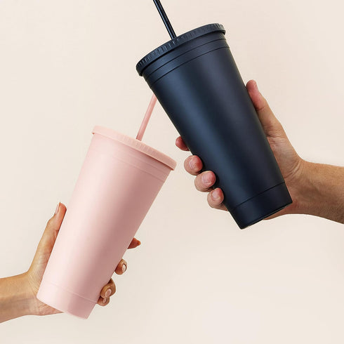 Maars Acrylic Travel Tumbler with Lid and Straw | 32oz Premium Insulated Double Wall XL Plastic Reusable Cups - Matte Blush, 2 Pack...