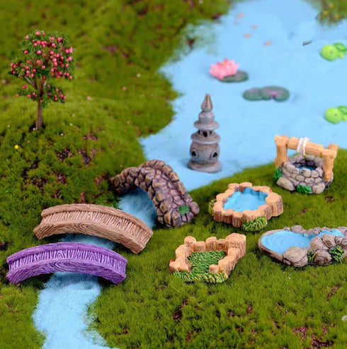 Woodpile Pool Miniature Fairy Garden Accessories,Miniature Pond Lawn Garden Ornament Figurines, Mini Lighthouse Water Well Bridge Figurines, Micro...