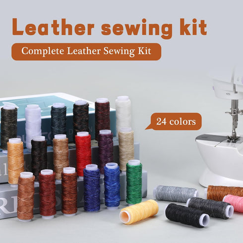Leather Sewing Kit, Basic Hand Sewing Starter Set for Beginner, Leather Sewing Needle and 24-Color Waxed Thread Kit for Adults, Beginner, Home Tra...