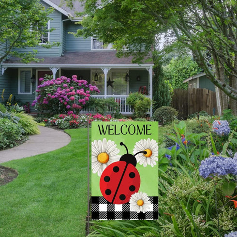 Ladybug Spring Summer Garden Flag 12x18 Inch Double Sided Ladybug Daisy Welcome Yard Flag Buffalo Plaid Check Burlap Banner Seasonal Farmhouse Dec...