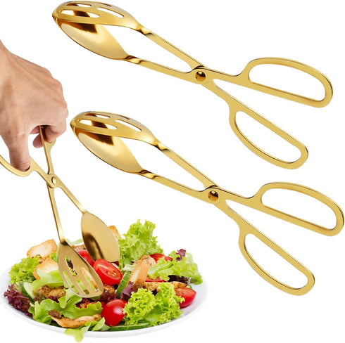 2 Pack Gold Salad Tongs,10 Inch Stainless Steel Kitchen Tongs for Serving Food, Kitchen Scissor Tongs for Cooking Buffet Catering Bread Pastry Des...