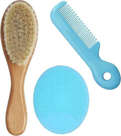 Baby Hair Brush with Wooden Handle&Silicone Baby Cradle Cap Brush Set, for Newborns & Toddlers-Natural Soft Goat Bristles-Ideal for Cradle Cap-Per...