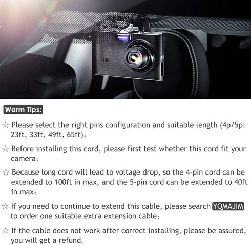 5 Pin Dash Cam Cable,33 Ft 2.5mm Male to 5 Pin Backup Camera Cord,Dash Cam Rear View Camera Ultra Long Cable with Reverse Trigger Wire Fit for Pic...