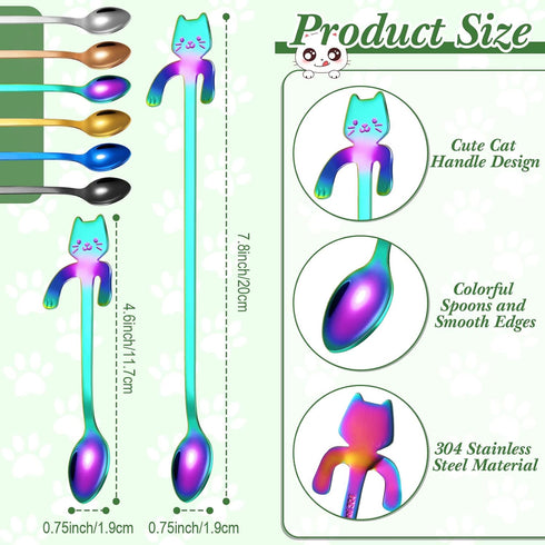 12 Pcs Cat Spoon Tea Spoon Valentines Day Spoons Stainless Steel Mini Long Coffee Spoons Teaspoon Cute Kitten Stirring Spoon 2 Different Lengths D...