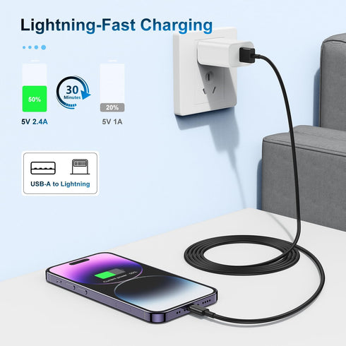 3 Pack Apple MFi Certified Charger Cable 6ft, Lightning to USB Cable Cord 6 Foot, 2.4A Fast Charging Apple Phone Long Chargers for iPhone 11/11Pro...