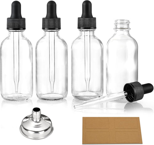 AOZITA Set of 4, 1 oz Clear Eye Dropper Bottles with 1 Stainless Steel Funnels & 4 Labels - Black Caps 30ml Thick Glass Tincture Bottles - Leakpro...
