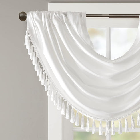 Madison Park Elena Waterfall Embellished Rod Pocket Valance , Faux Silk Valances for Window , 38X46" , White...