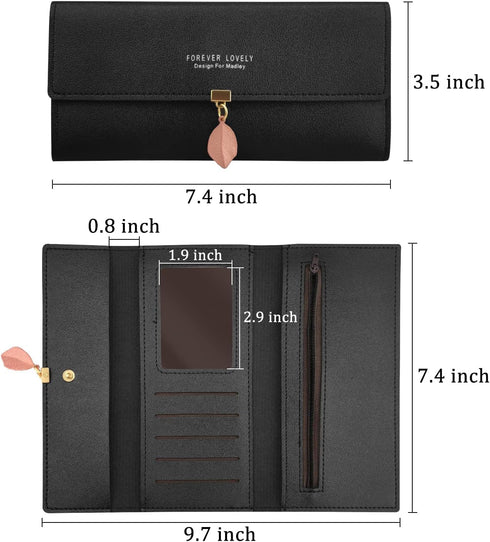 FuninCrea Purses for Women with Leaf Pendant, PU Leather Ladies Purse with Metal Snap Button, Bifold Womens Purse Long Leather Purse with Multiple...