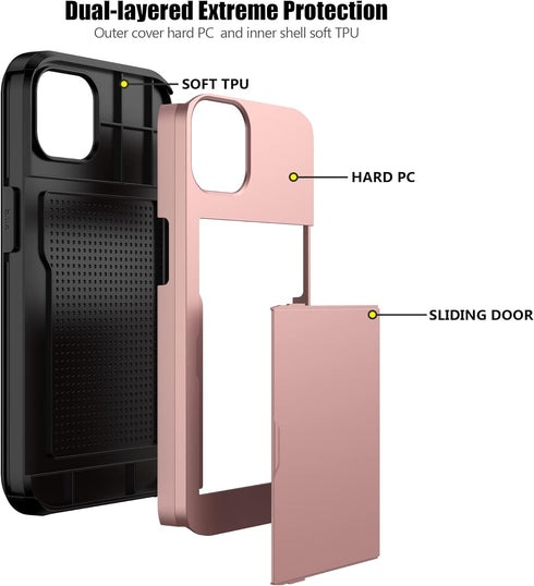 Nvollnoe Compatible with iPhone 15 Case with Card Holder Heavy Duty Protective Dual Layer Shockproof Hidden Card Slot Slim Wallet Phone Cover for ...