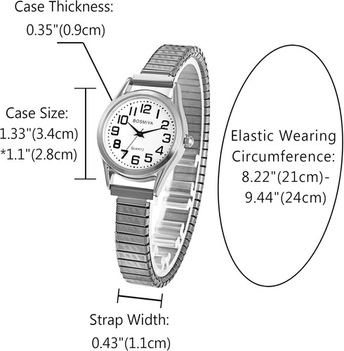 Womens Watch Ladies Wristwatch: Women Silver Stretch Band White Dial Thin Watch Girls Eazy Reader Waterproof Watch Elderly Wrist Watch Mujer Reloj...