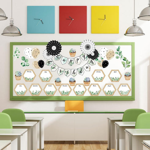 Whaline 49 Pieces Eucalyptus Bulletin Board Set Happy Birthday Banner Simply Boho Bulletin Board Decor Boho Greenery Calendar Cutout Decorations f...