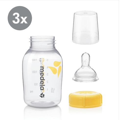 Medela Slow Flow Feeding & Storage Bottles, 3 Pack of 5 Ounce Bottle with Nipple, Lids, Wide Base Collars, and Travel Caps, Made Without BPA...