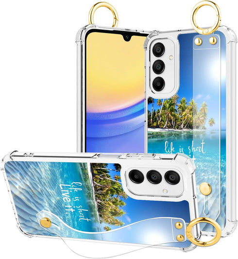 OOK Wrist Strap Case for Samsung Galaxy A15 5G with Kickstand, Seabeach Wristband Crystal Shockproof Protection Phone Case for Women Girls Clear C...