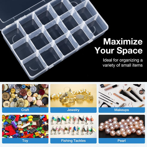 Benbilry 2 Pack 15 Grids Clear Storage Containers Plastic Organizer Box Craft Storage Boxes with Adjustable Dividers for Beads Organizer Art DIY F...