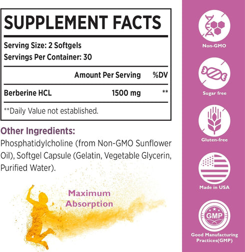 Berberine HCL Supplement 1500mg - High Bioavailability Liposomal Berberine Capsules for Women and Men, AMPK Activator...