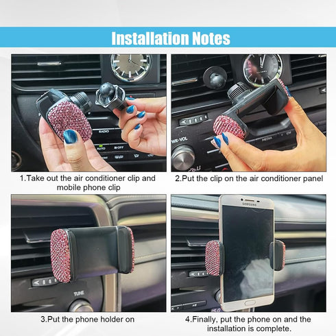 Bling Car Phone Holder, 360° Adjustable Crystal Car Phone Holder, Car Interior Accessory with One More Air Vent Base, Universal Phone Holder for D...