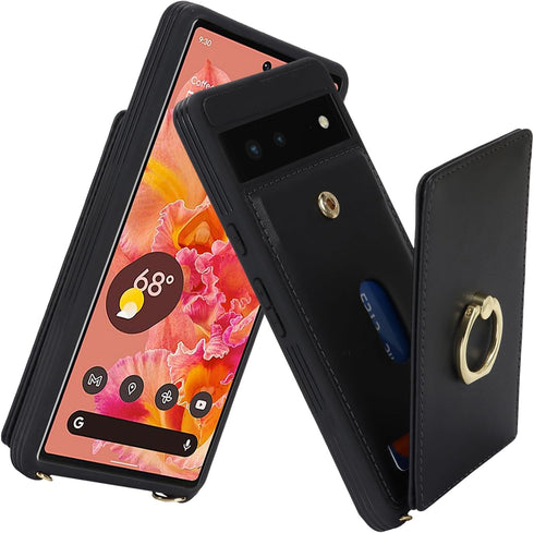 for Google Pixel 6 Case with Card Holder and Strap for Women,Crossbody Lanyard,Ring Stand,Snap Clasp,Phone Wallet Cases 6.4 inch(Black)......