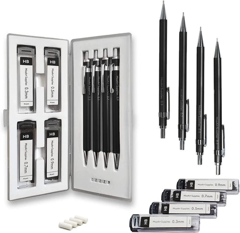 MozArt Mechanical Pencil Set with Case - 4 Sizes: 0.3, 0.5, 0.7 & 0.9mm with 30 HB Lead Refills Each & 4 Eraser Refills -Sketch, Drafting, Art, Dr...