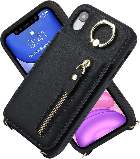 iPhone XR Phone Case with Card Holder for Women, iPhone XR Case Wallet with Strap Credit Card Slots Crossbody with Kickstand Zipper Case for iPhon...