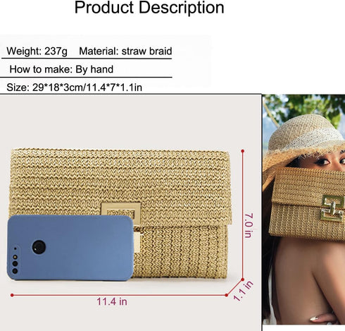 Straw Clutch Purse for Women Cute Vacation Beach Straw Clutch Bags Summer Woven Bag Envelope Handbag Bag 2024...