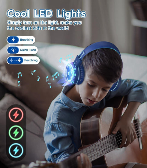 Kids Wireless Headphones with Colorful LED Lights, Foldable Children Headphone with Stereo Sound, 50H Playtime, 92dB Volume Limited Headphones On ...