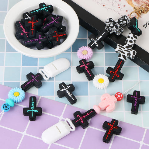 LIYDE 15 Pcs Religion Silicone Beads for Jewelry Making Jesus Faith Silicone Beads Bulk for Pens Silicone Beads with Box Cross Shaped Spacer Loose...