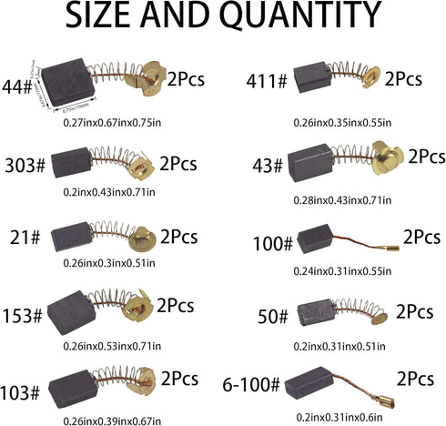 20Pcs Electric Motor Carbon Brushes 10 Different Sizes for Replacement Repair Power Tool Part...