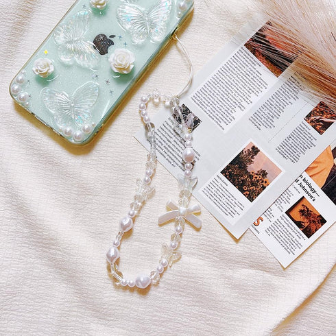 Compatible for iPhone 15 Case with Phone Charm Chain,3D Butterfly Flower Pearl Cute Aesthetic Phone Case,Crystal Clear Glitter Protective Case Wom...