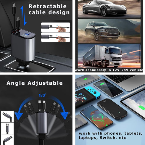 Retractable Car Charger, 4 in 1 Fast Charge Car Phone Charger 100W, Retractable Cables(2.6ft) for iPhone & Type-C, Cigarette Lighter Adapter for i...