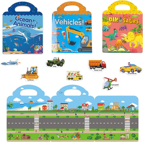 Reusable Sticker Book for Learning, 3 Sets Dinosaur Stickers Ocean Animals and Vehicles Theme Activity Sticker Books for Kids 3+ Girls Boys Travel...
