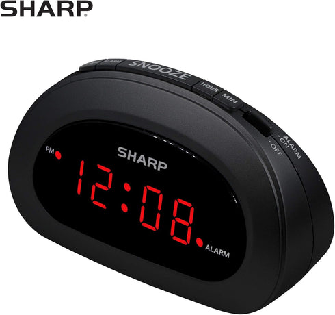 Sharp Small, Space-Saving Digital Alarm Clock – Compact Bedside Clock with Large Red LED Display, Easy Top Button Controls, Snooze, and Battery Ba...