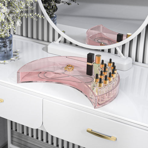 Bathroom Tray Organizer, 10'' Large Acrylic Moon-Shaped Vanity Tray Jewelry Tray for Perfume Cosmetic Candle Jewelry, Clear Pink Durable Decorativ...