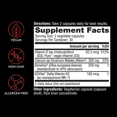 Osteo Plus Supplement, 300 mg Calcium and 250mg Bonolive Olive Leaf Extract, Plus K2 and D3, Supports Bone and Joint Health, Non-GMO, Vegan, 60 Ve...
