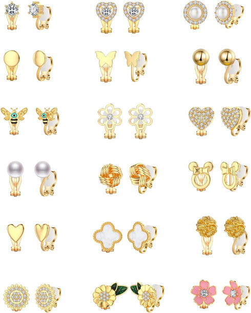 18 Pairs Gold/Silver Clip on Earrings for Women Teens Hypoallergenic Non Pierced Earrings Cute Clip on Earrings Set Faux Pearl Heart Flower Love K...