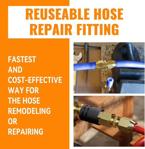 SUNGATOR Air Hose Repair Fitting, Pre-Coated Sealant 3/8 Inch Barb x 1/4 Inch NPT Brass Pneumatic Replacement Fitting Kit, Reusable 3/8'' to 1/4''...