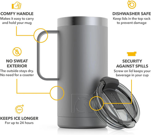 RTIC Travel Mug with Handle, 16 oz, Graphite, Portable Thermal Camping Cup, Vacuum-Insulated with Lid, Stainless Steel, Sweat Proof, Keeps Hot & C...
