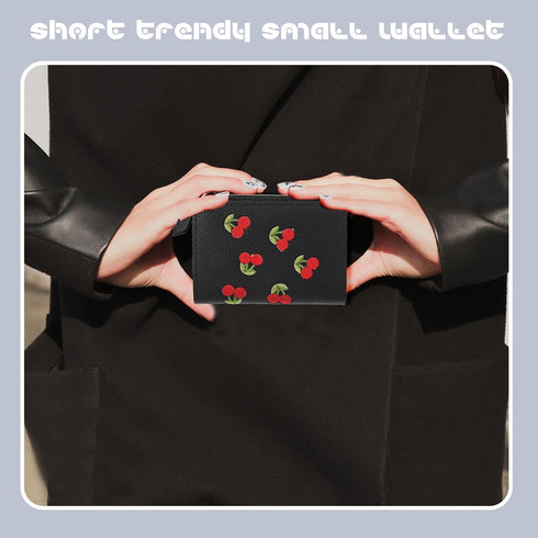 Women's Wallets, Short Cherry Embroidery Trend Ladies Small Wallets, Cute Small Wallets for Girls Leather Zipper Wallets (black)...