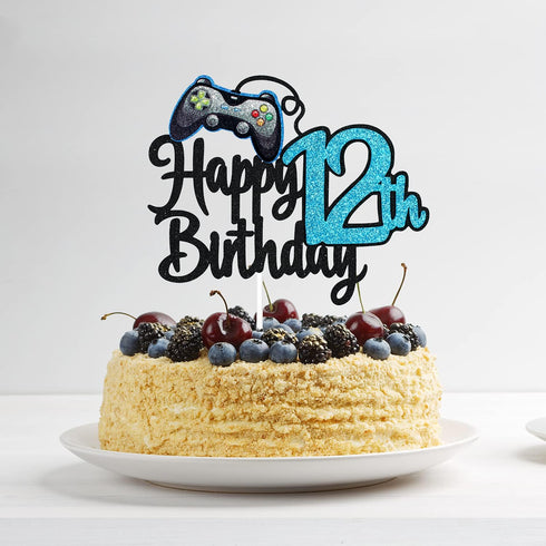 Video Game Happy 12th Birthday Cake Topper - Video Game Boy's 12th Birthday Party Blue Cake Supplies - Game On Level Up Winner Party Decoration...